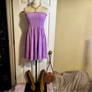 New Beach Babe Lavender Cotton Terry Knit Tube Pleated Mini Beach Resort Dress M